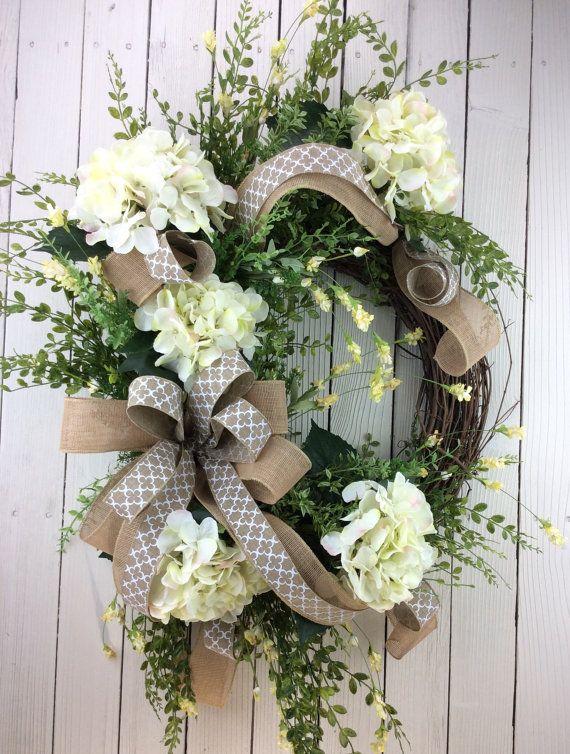 Hochzeit - Front Door Wreath, Hydrangea Wreath, White Hydrangea Wreath, Hydrangea Wreath Spring, Summer Wreath, All Season Wreath