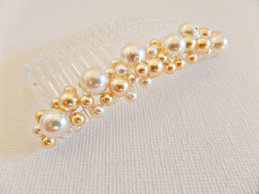 Wedding - Pearl hair comb, Gold & cream comb, Gold and cream pearl hair comb, Swarovski pearl comb, Bridal comb, Prom hair comb, UK seller