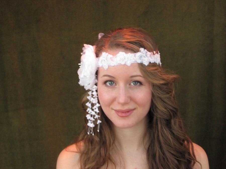 Hochzeit - Boho Bridal headband, beautiful beaded lace set on a sheer organza ribbon,