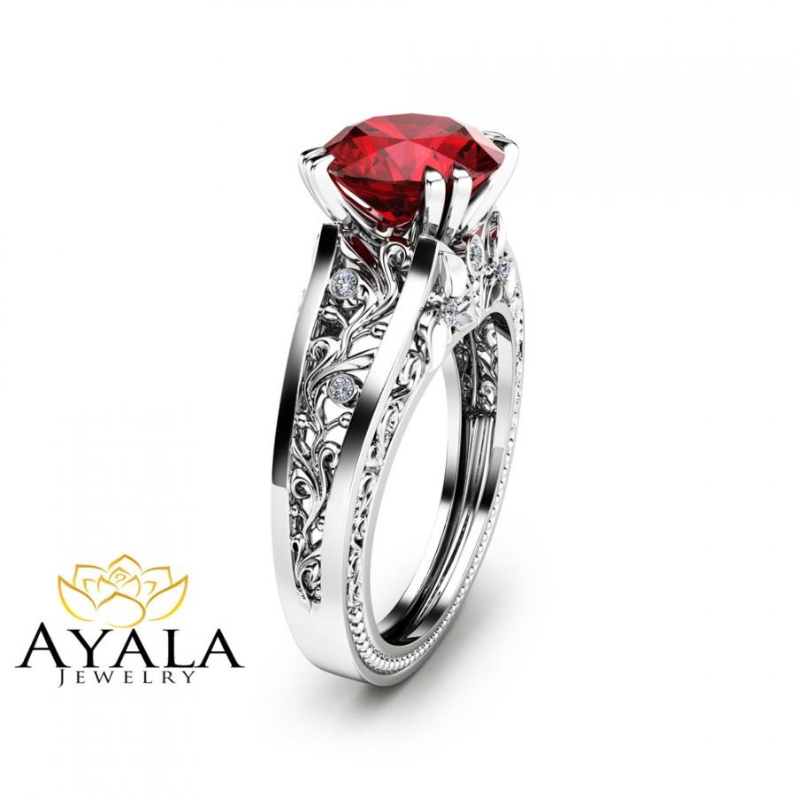 Wedding - Unique 2CT Natural Ruby Ring Filigree  Ruby Engagement Ring Solid 14K White Gold Ring