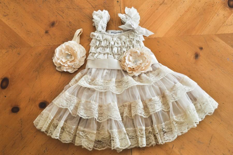 Hochzeit - Champagne Ivory Flower Girl Dress - Lace Flower Girl Dresses - Flower Girl Dress - Shabby Chic Flower Girl Dress - Rustic Flower Girl Dress