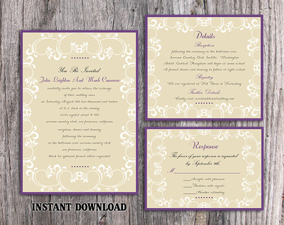 Wedding - DIY Wedding Invitation Template Set Editable Word File Download Printable Invitation Elegant White Invitations Eggplant Purple Invitation