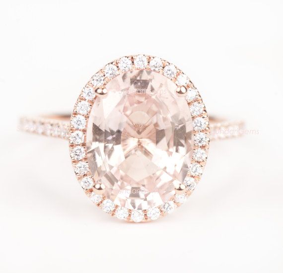 زفاف - CERTIFIED - GIA Certified Huge Oval Peach Pink Champagne Sapphire & Diamond Halo Engagement Ring 18K Rose Gold