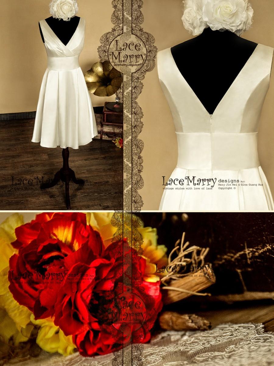 زفاف - Knee Length Wedding Dress from Glossy Satin with Ruched V Neckline and V Back Featuring A-line Style Folded Skirt and Wide Belt on the Waist