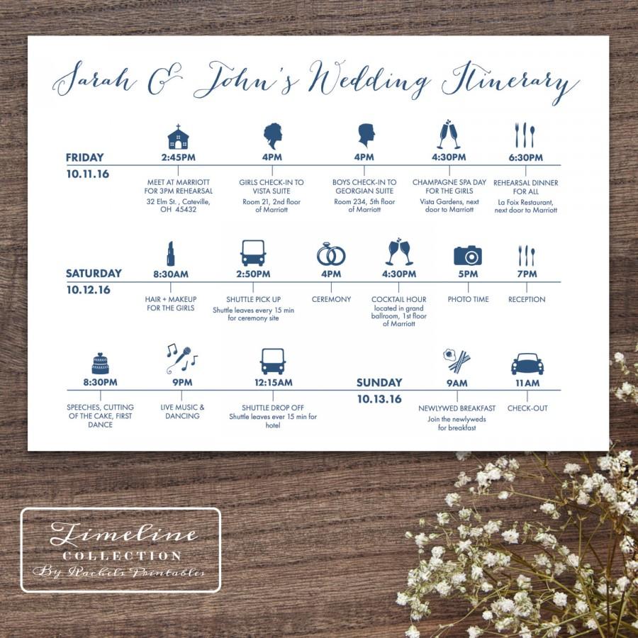 Свадьба - Printable Wedding Timeline Day Of Itinerary Schedule Card - three lines, 5 x 7, multi day, weekend
