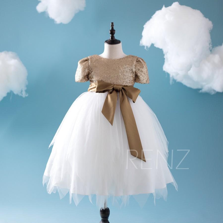 Hochzeit - 2016 Off White Mesh Bridesmaid dress Long, Short Sleeves Gold Sequin Puffy dress, Flower Girl dress Belt, A Line Baby dress (ZK077)