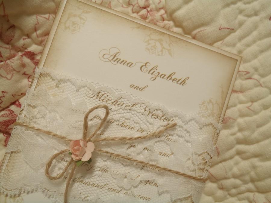 Hochzeit - Blush Pink Roses, Lace Band Romantic, Paris, Shabby, Rustic, Victorian Wedding Invitation, Jute, Peach, Coral, Quinceanera, Woodland