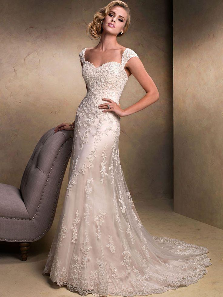 زفاف - Tulle With Applique Beading Detachable Straps Long Wedding Dress