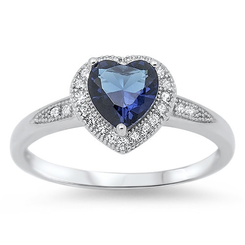 Wedding - 925 Sterling Silver Halo Heart Promise Ring 1.20 Carat  Blue Sapphire Heart Pave Russian Diamond CZ Tanzanite Valentines Gift