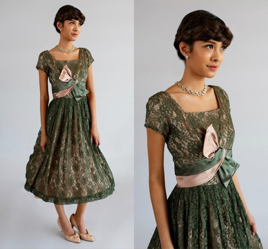 Wedding - Vintage 1950s Bridesmaid Dress/Beautiful Green Lace Tea Length Party Dress Mother of the Bride