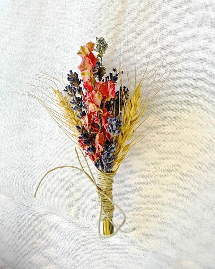 Wedding - Autumn or Fall Wedding Lavender Coral Larkspur and Wheat Boutonniere or Corsage
