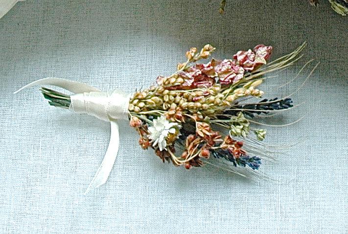 Hochzeit - Autumn or Fall Wedding Lavender Larkspur and Wheat Boutonniere or Corsage in Coral and Rosy Hues