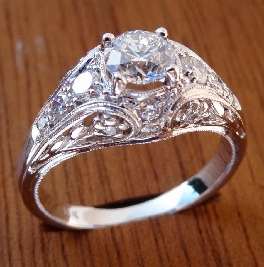 زفاف - Antique Style .70cts  Diamonds Engagement Ring 18k Solid White Gold