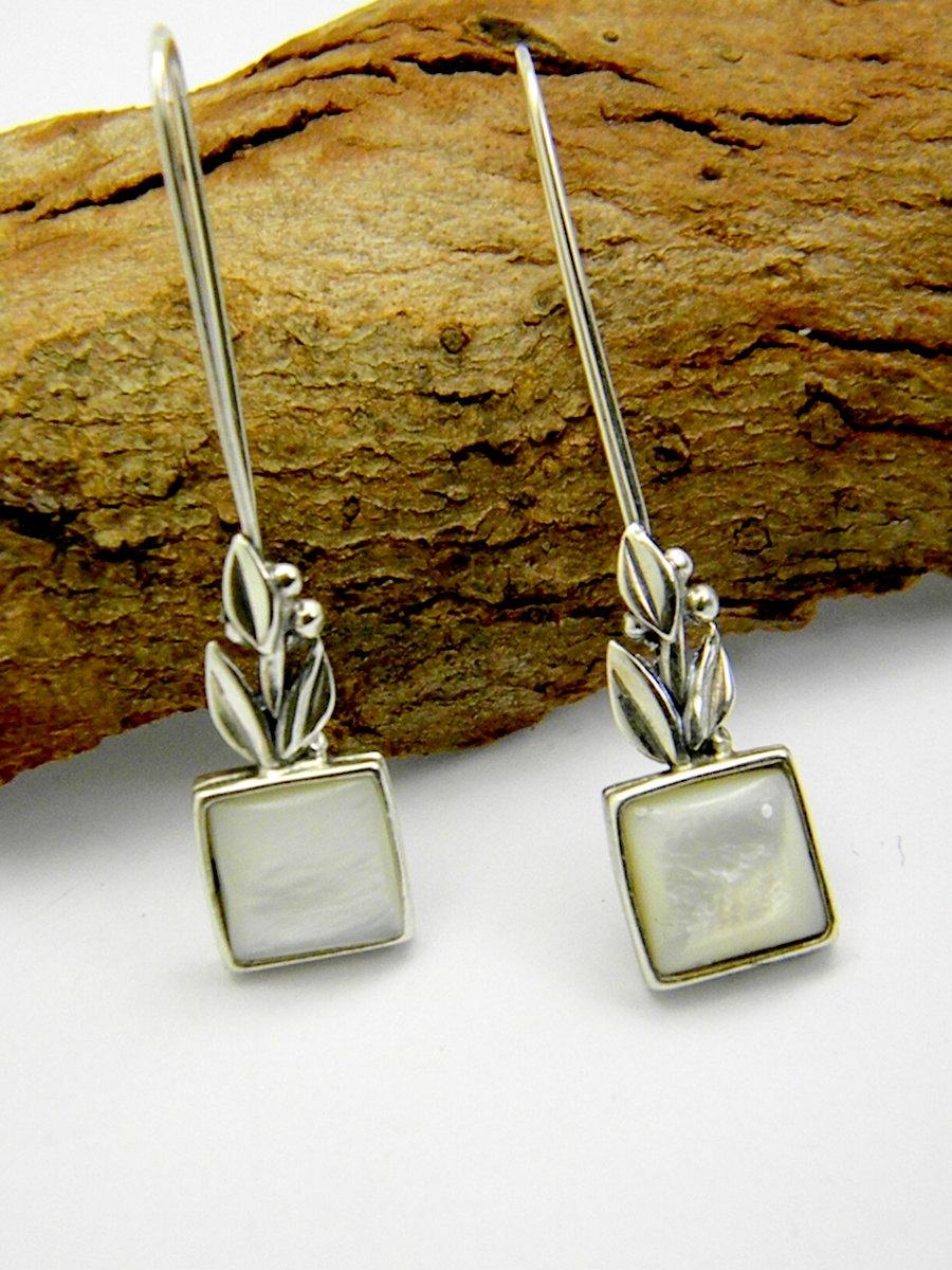 Wedding - Long earrings sterling silver twig drop dangle earrings mother of pearl, olive branch leaf  botanical jewelry, gift for her white earrings