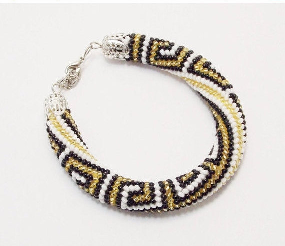 Свадьба - Meander Bracelet white black golden bead crochet rope greek geometric rhombus seed beads gift for mom beadwork greek key aphrodite brace