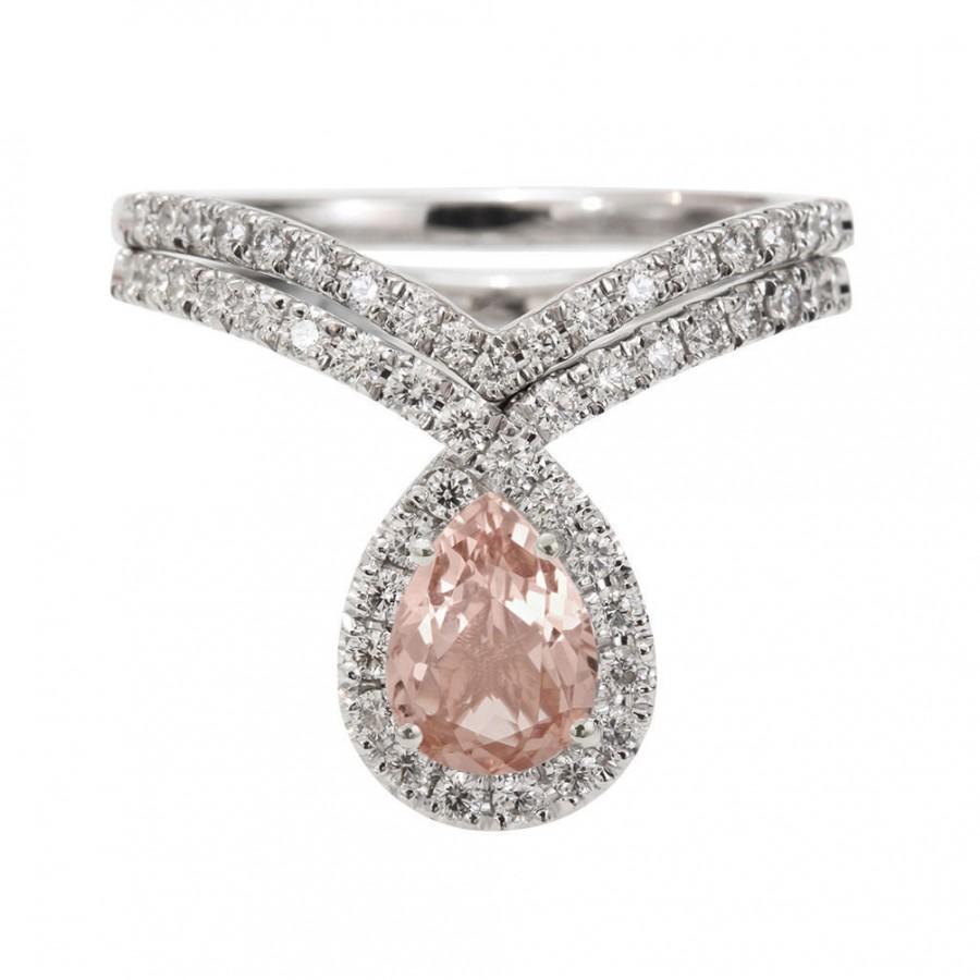 زفاف - Morganite Engagement Ring Set Unique Engagement Ring Morganite and Diamonds "Bliss" Pear Shape Wedding Ring Set Gemstone