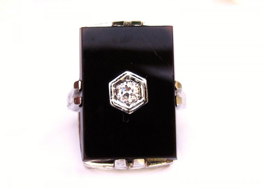 زفاف - Antique Onyx & Diamond Ring Belais Brothers Alternative Art Deco Engagement Ring 18K White Gold Etched Diamond Wedding Ring