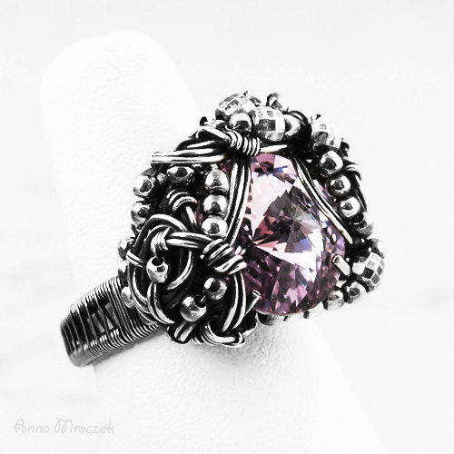 زفاف - Engagement ring - light violet waterlily  - sterling silver and fine silver, Swarovski Violet zircon, Garnet Rhodolite  - engagement ring