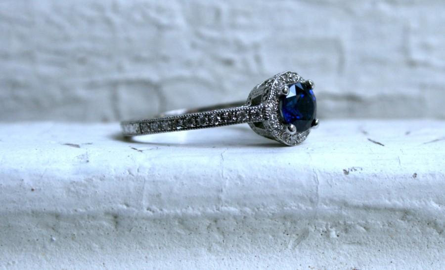 Hochzeit - 14K White Gold Halo Pave Diamond and Sapphire Ring.