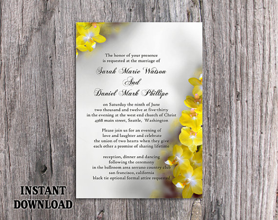 Hochzeit - DIY Wedding Invitation Template Editable Word File Instant Download Printable Flower Invitation Orchid Wedding Invitation Yellow invitation