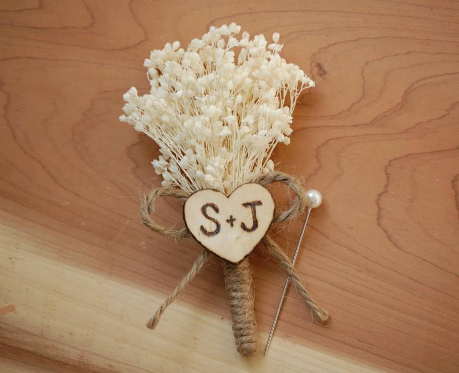 Hochzeit - Rustic Baby's Breath Wedding Boutonniere with Personalized Heart Initials.
