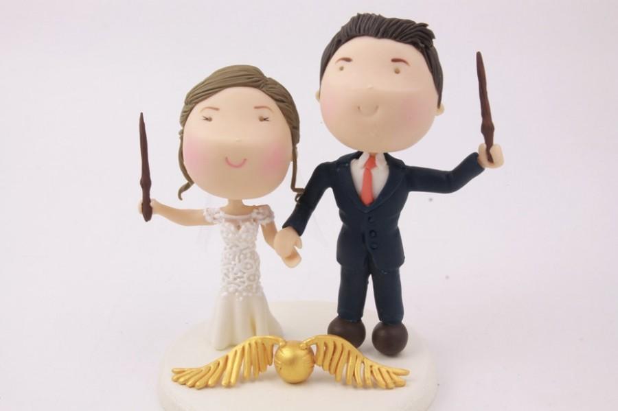 Wedding - Magical couple with golden snitch. Harry Potter Theme. Wedding cake topper. Wedding figurine.  Handmade. Fully customizable. Unique keepsake