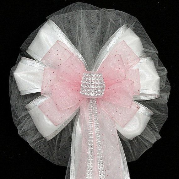 Mariage - Light Pink Bling Glitter And White Wedding Pew Bows Church Aisle Decorations