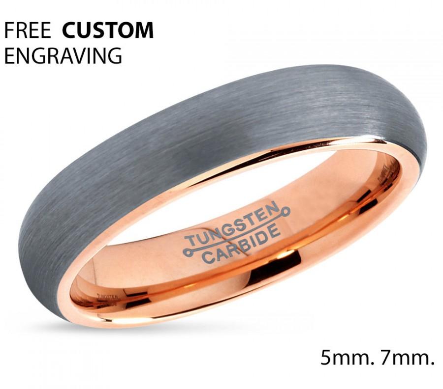 Hochzeit - Tungsten Ring Rose Gold Brushed Silver Wedding Band Tungsten Carbide 5mm 18K Tungsten Ring Man Wedding Band Male Women Anniversary Matching