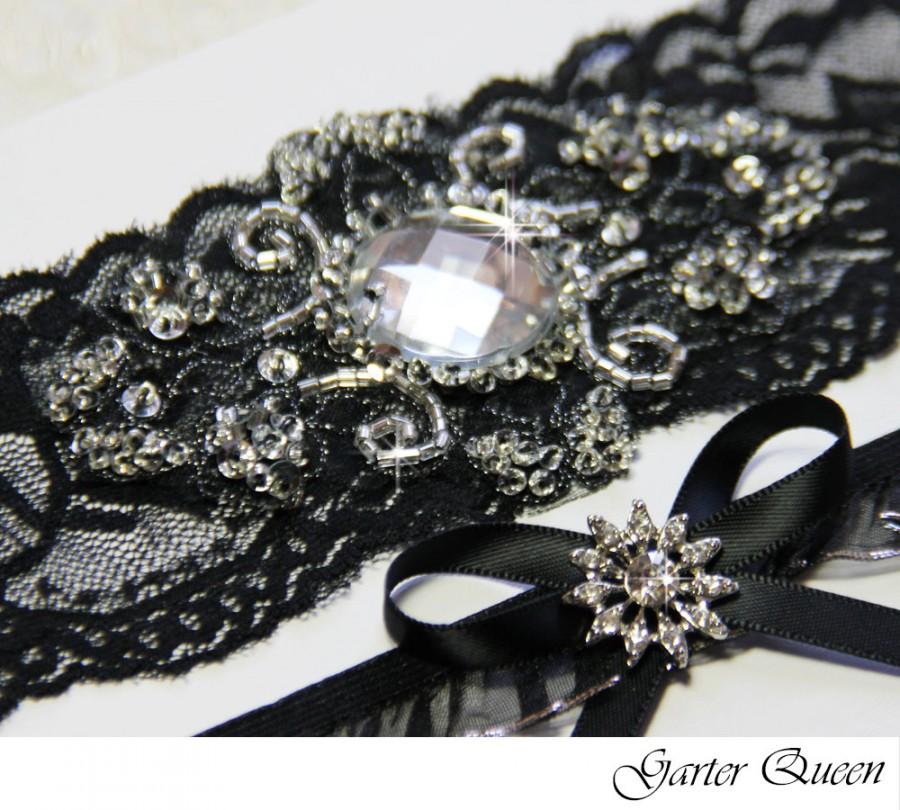 Hochzeit - Black Lace Bridal Garter Set, Gothic Wedding, Goth, Stretch Lace and Beaded Crystal Applique