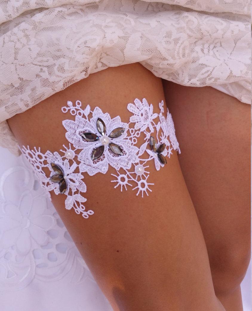 Wedding - Grey Lace Garter, White Lace Garter Belt, Ivory Lace Garter, Lace Wedding Garter, Lace Bridal Garter, Vintage Garter, Crystal Wedding Garter