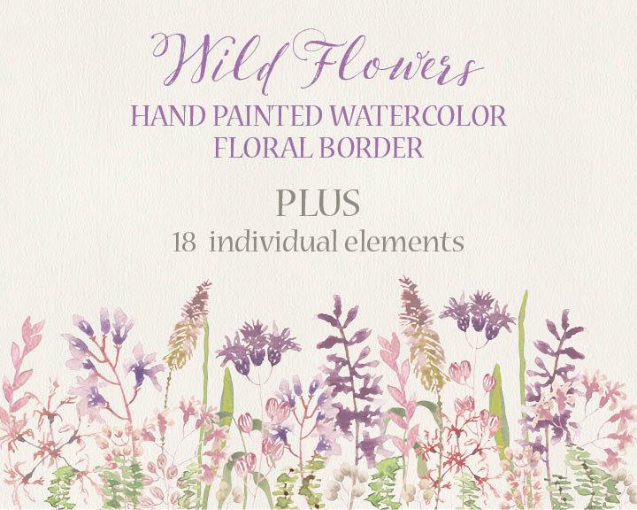 Свадьба - Watercolor floral and foliage elements: wild flower border; watercolor clip art; wedding clip art; hand painted - digital download