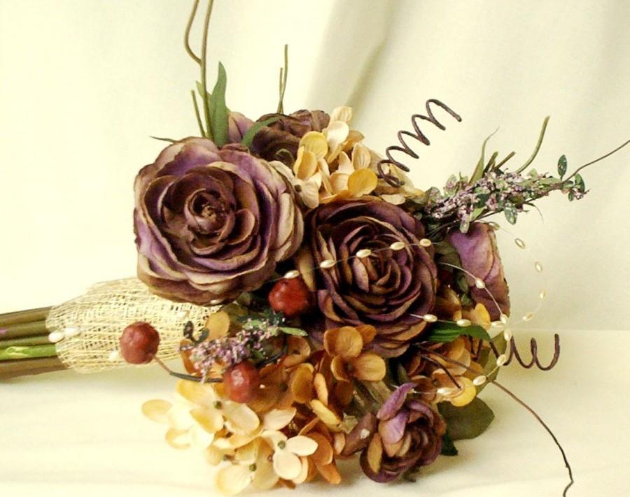 Свадьба - Autumn bridal bouquet woodland Wedding accessories Rustic chic AmoreBride original Silk bokay Idea design Plums Browns Gold Fall Winter