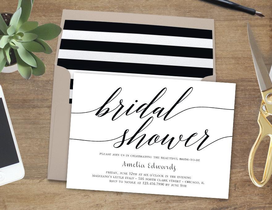 Hochzeit - Printable Bridal Shower Invitation - MODERN SCRIPT - with Bonus Printable Envelope Liner