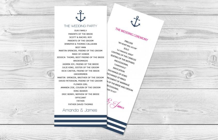 Mariage - Nautical Wedding Program Template - 4"x9,25" Navy Anchor Striped Printable Wedding Editable PDF Program - Instant Download - DIY You Print