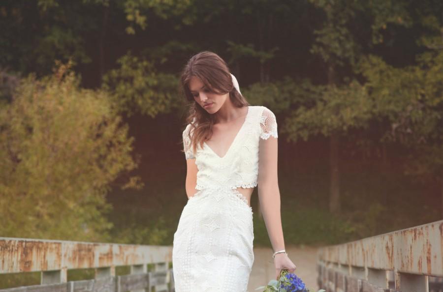 Hochzeit - Backless Dress Cap Sleeves Bohemian Wedding Dress Crochet Lace Gown BOHO - "Olsen"