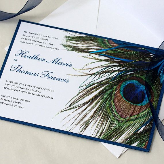Свадьба - Blue Peacock Wedding Invitation, Feather Wedding, Blue Sapphire, SAMPLE