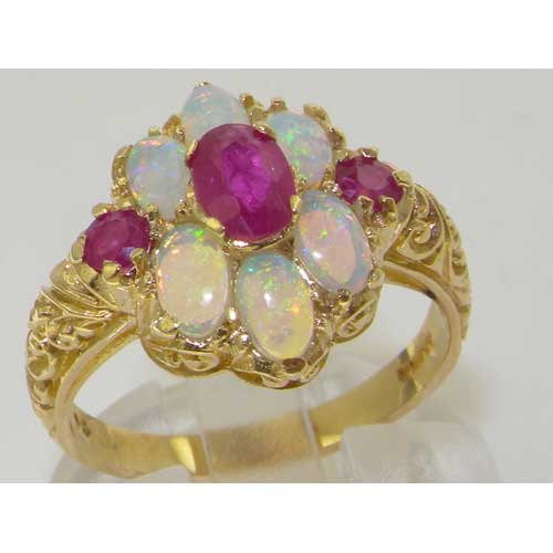 زفاف - English 9K Yellow Gold Genuine Ruby & Colorful Fiery Opal  Engagement Ring, Victorian Style Carved Ring, Unique Cluster Floral Ring