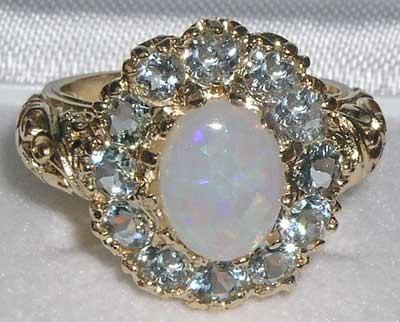 Wedding - English 9K Yellow Gold Genuine Large Fiery White Opal & Aquamarine Engagement Ring, Carved Cluster Flower Ring - Customize:14K,18K Gold