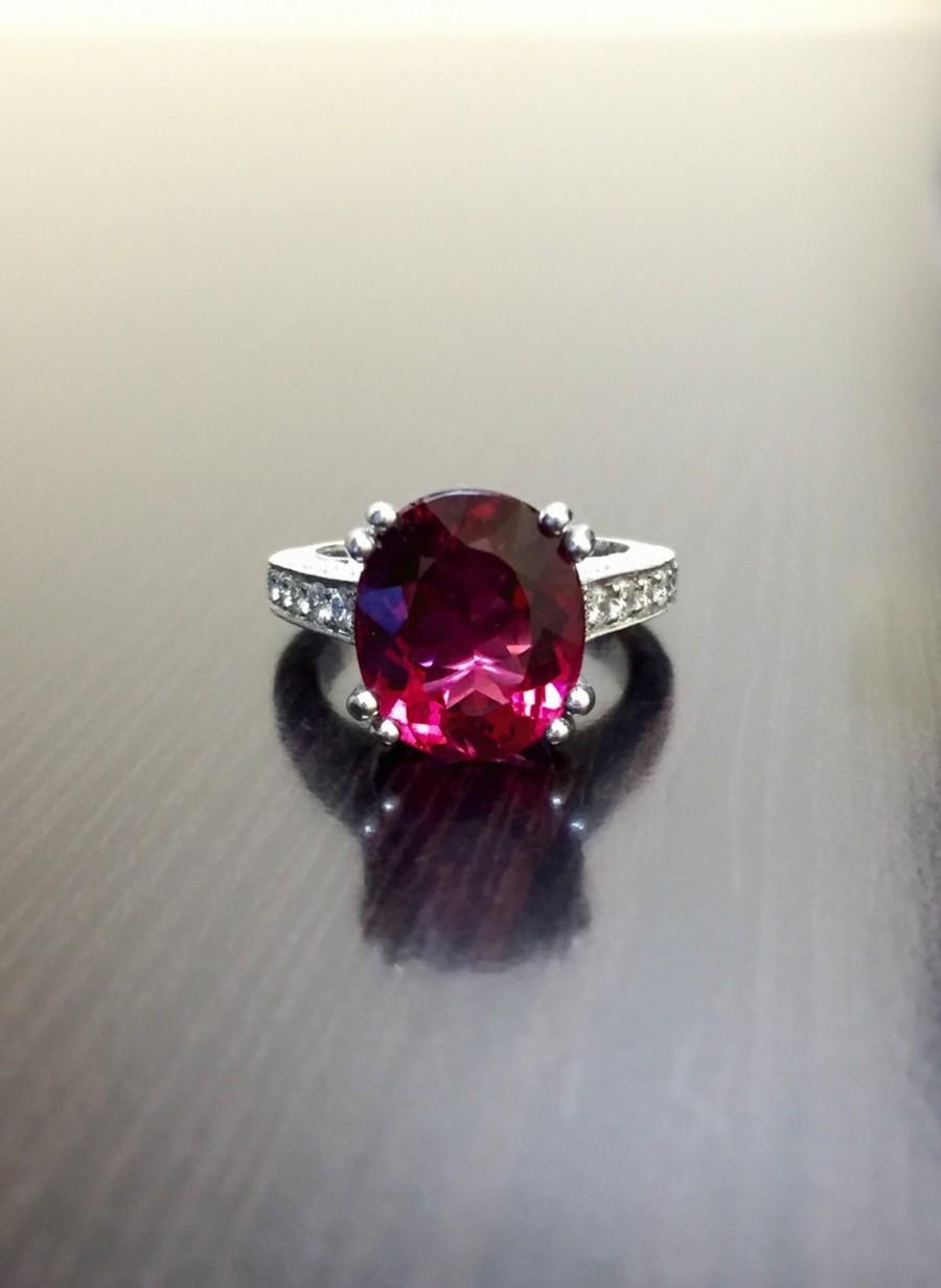 Wedding - Art Deco Diamond Platinum Rubelite Engagement Ring - Platinum Art Deco Rubelite Diamond Wedding Ring - Diamond Hand Engraved Platinum Ring