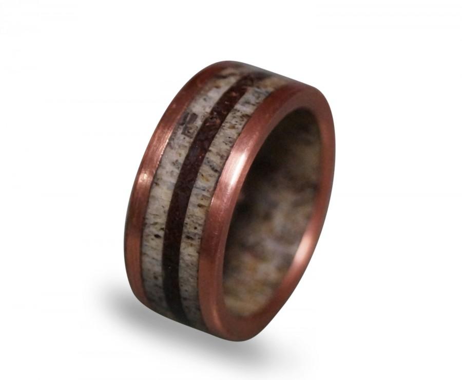 Hochzeit - Deer Antler Ring with Patina Copper and Dinosaur Fossil Inlays