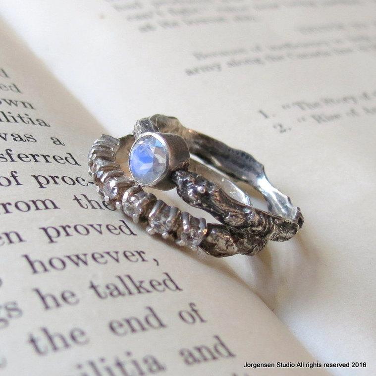 Mariage - SALE Bridal Set One of a kind Rainbow Moonstone Branch Wedding Ring Set in Sterling Silver Twig Wedding rings