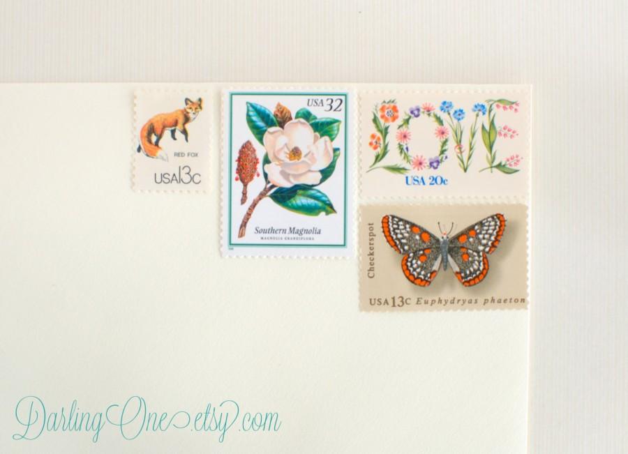 زفاف - Posts 20 -2 ounce cards. Floral love, flowering trees, and butterflies. Unused vintage stamps for 2 ounce wedding invitations