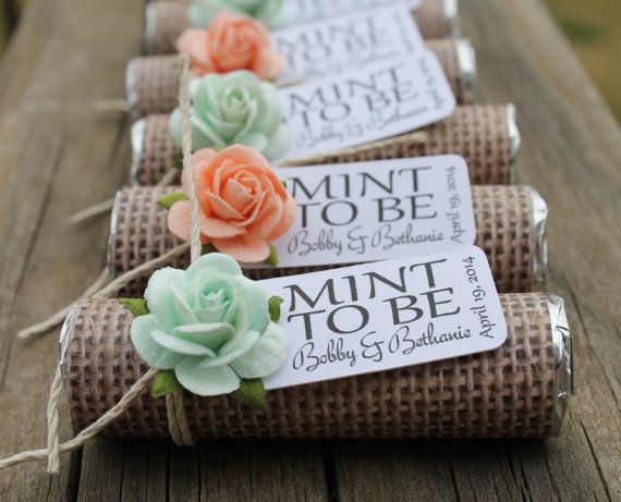 زفاف - 150 Mint Wedding Favors - Set Of 150 Mint Rolls - "Mint To Be" Favors With Personalized Tag - Burlap, Mint And Peach, Rustic, Shabby Chic