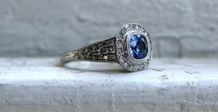 زفاف - Halo Pave Diamond and Sapphire Tapered Engagement Ring.