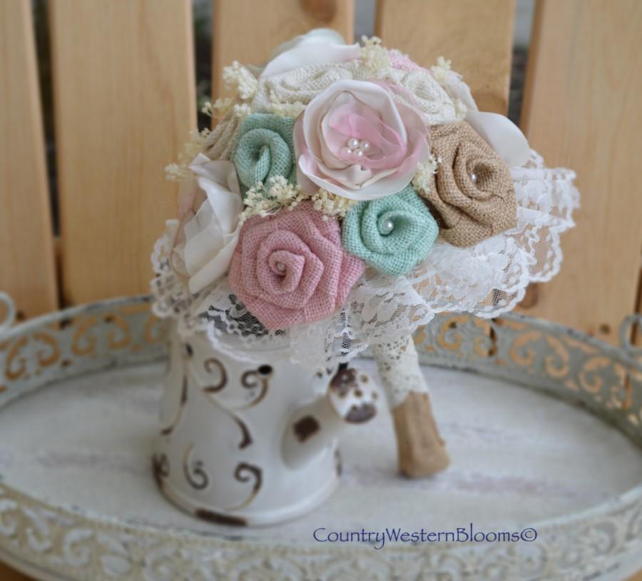 زفاف - Rustic Mint and Blush Pink Bouquet, Burlap Bouquet, Pink and Mint Bridal Bouquet