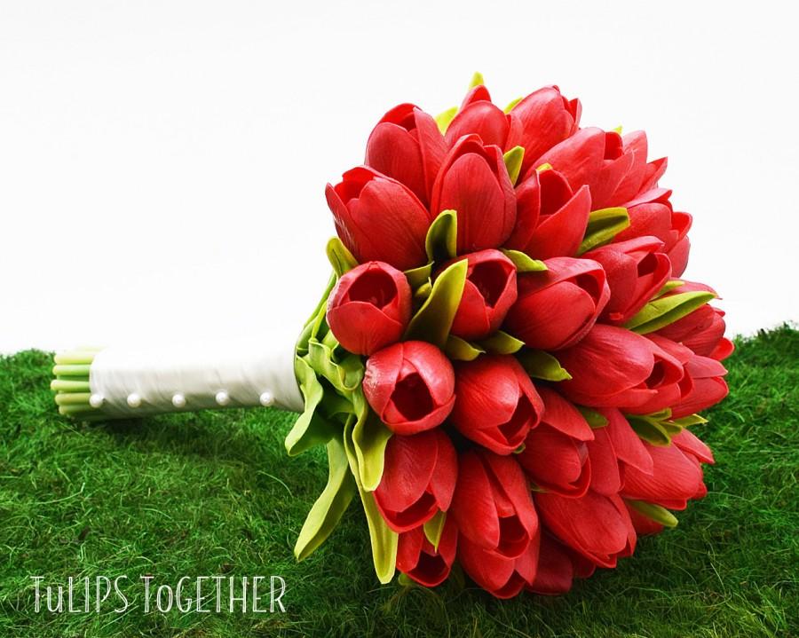 Wedding - Red Real Touch Tulip Wedding Bouquet - Ready for Quick Shipment 3 Dozen Tulips Customize Your Wedding Bouquet - Bridal Bridesmaid Bouquet