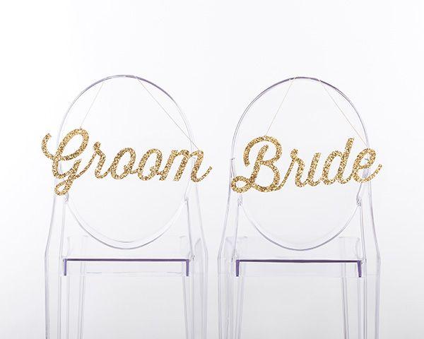 Hochzeit - Gold Glitter Bride And Groom Chair Signs