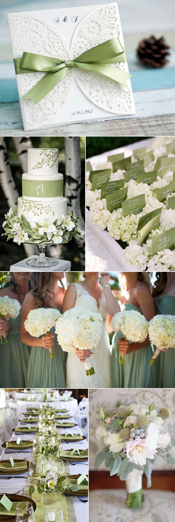 Свадьба - Inexpensive Simple White Laser Cut Wedding Invitations With Sage Green Ribbon EWWS042