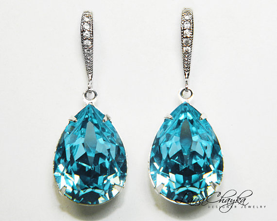 زفاف - Aqua Blue Crystal Earrings Aquamarine Rhinestone Earrings Swarovski Aquamarine Sterling Silver Aquamarine Earrings Teardrop Wedding Earrings