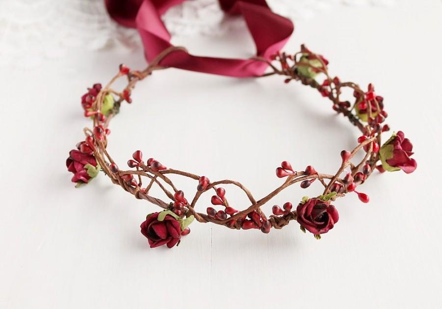 Wedding - Marsala Bridal Crown, Deep Red Halo, Burgundy Rose Crown, Woodland Headband, Red Rose Crown, Rustic Head Piece, Flower Girl Crown, Boho Halo